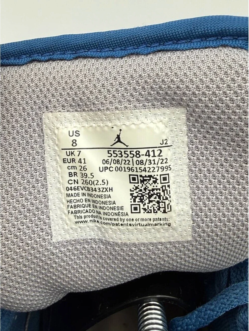 Nike Air Jordan 1 Low Blue White Gray 553558-412 Men's US 8 Sneakers No Insoles